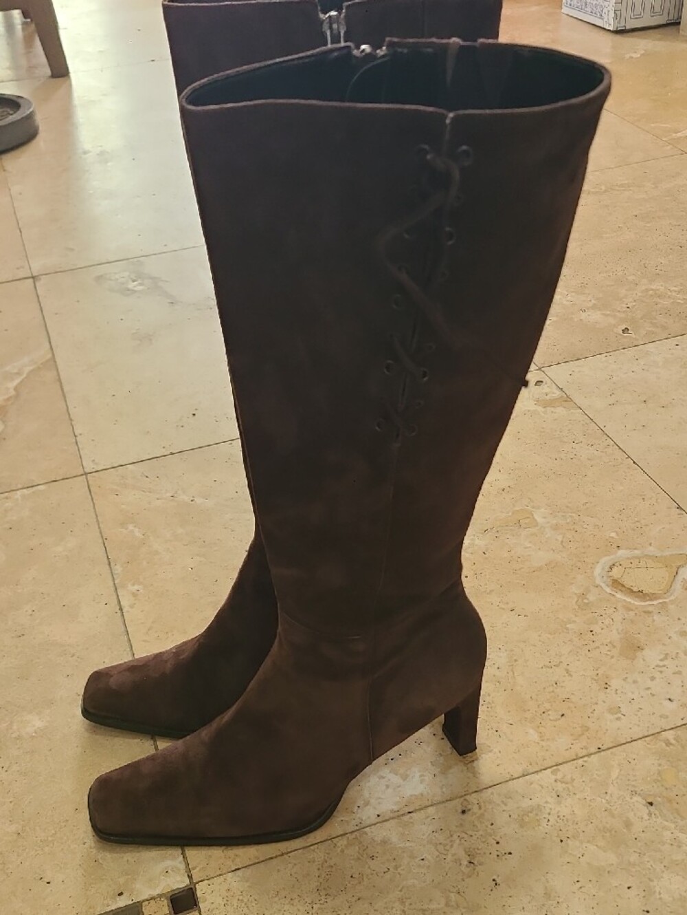 Gianni Bini Dark Brown Suede Knee-High Heeled Boots with Lace-Up Back